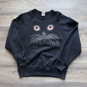 Vintage 90s Black Cat Face Graphic Crewneck Sweatshirt M Fruit Of The Loom USA